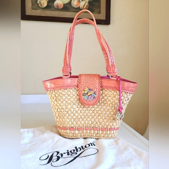 Brighton Handbags - Brighton Woman's Pink Straw Butterfly Tote/Shoulder Bag